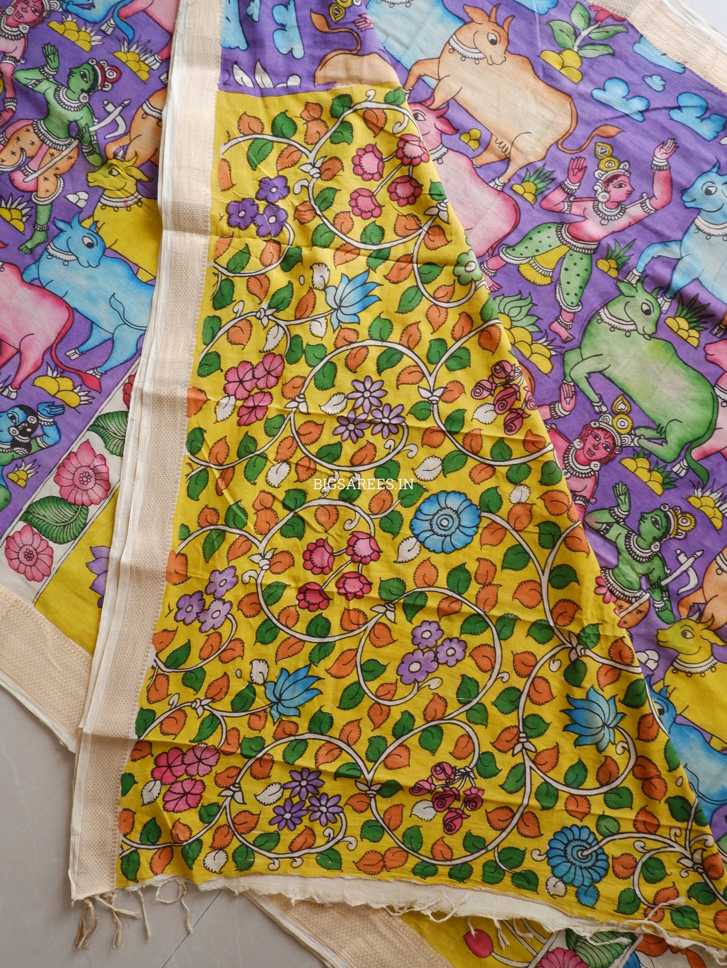 Pen Kalamkari Cotton Saree with Running Blouse | Hand-Painted | Violet