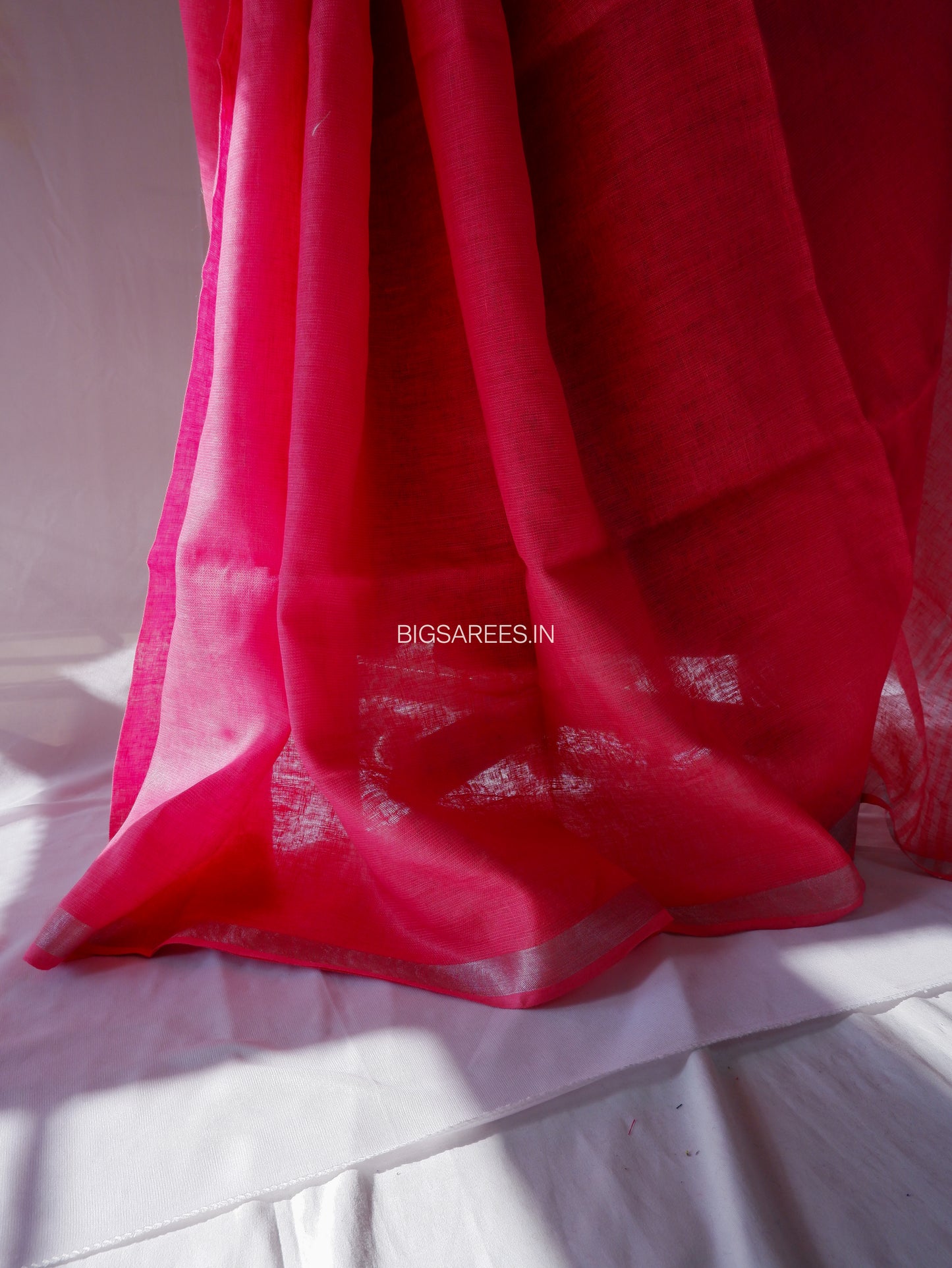 Hand-Embroidered Linen Saree | Linen by Linen | Pink