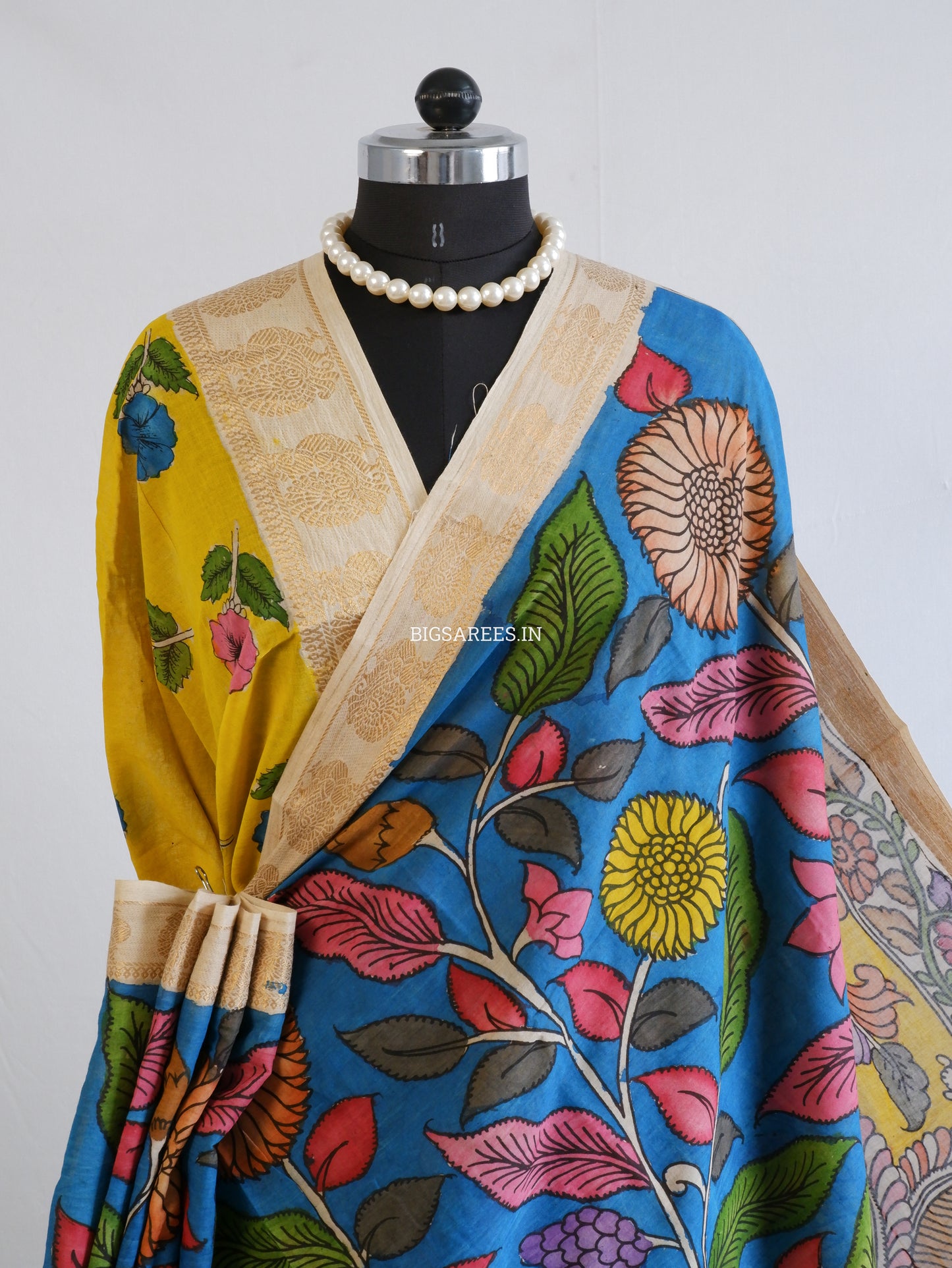 Pen Kalamkari Cotton Saree with Running Blouse | Hand-Painted | Blue
