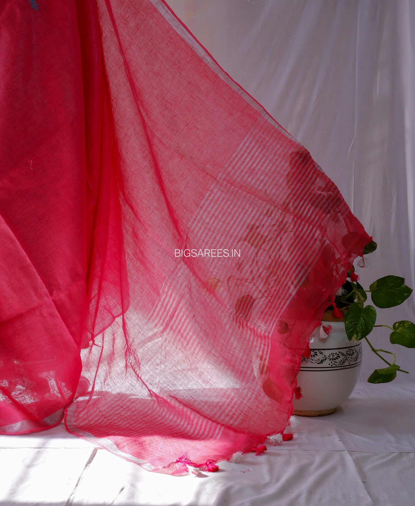 Hand-Embroidered Linen Saree | Linen by Linen | Pink