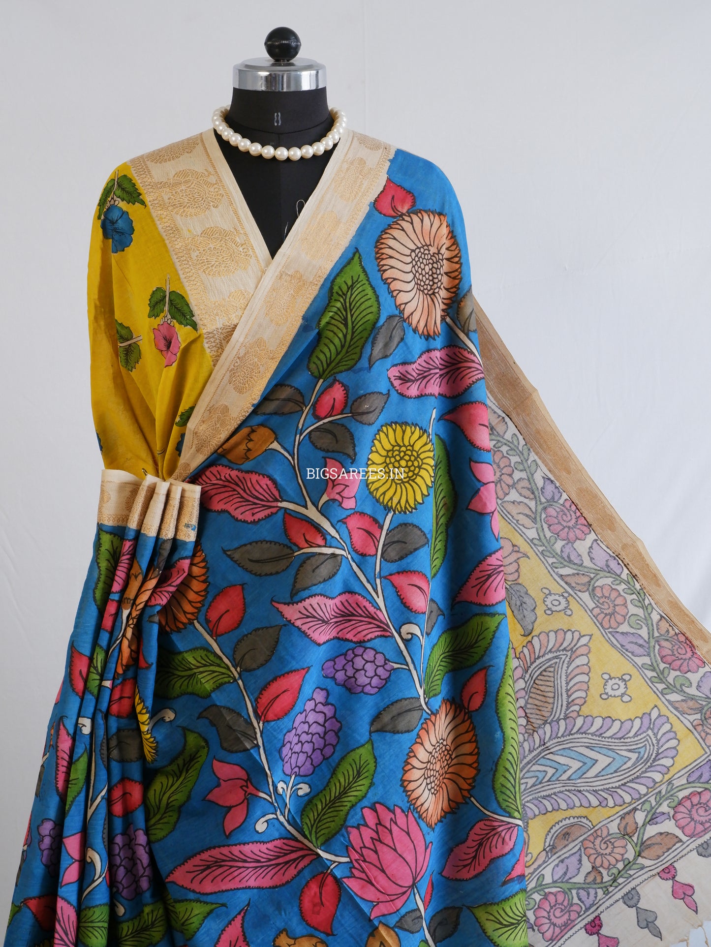Pen Kalamkari Cotton Saree with Running Blouse | Hand-Painted | Blue