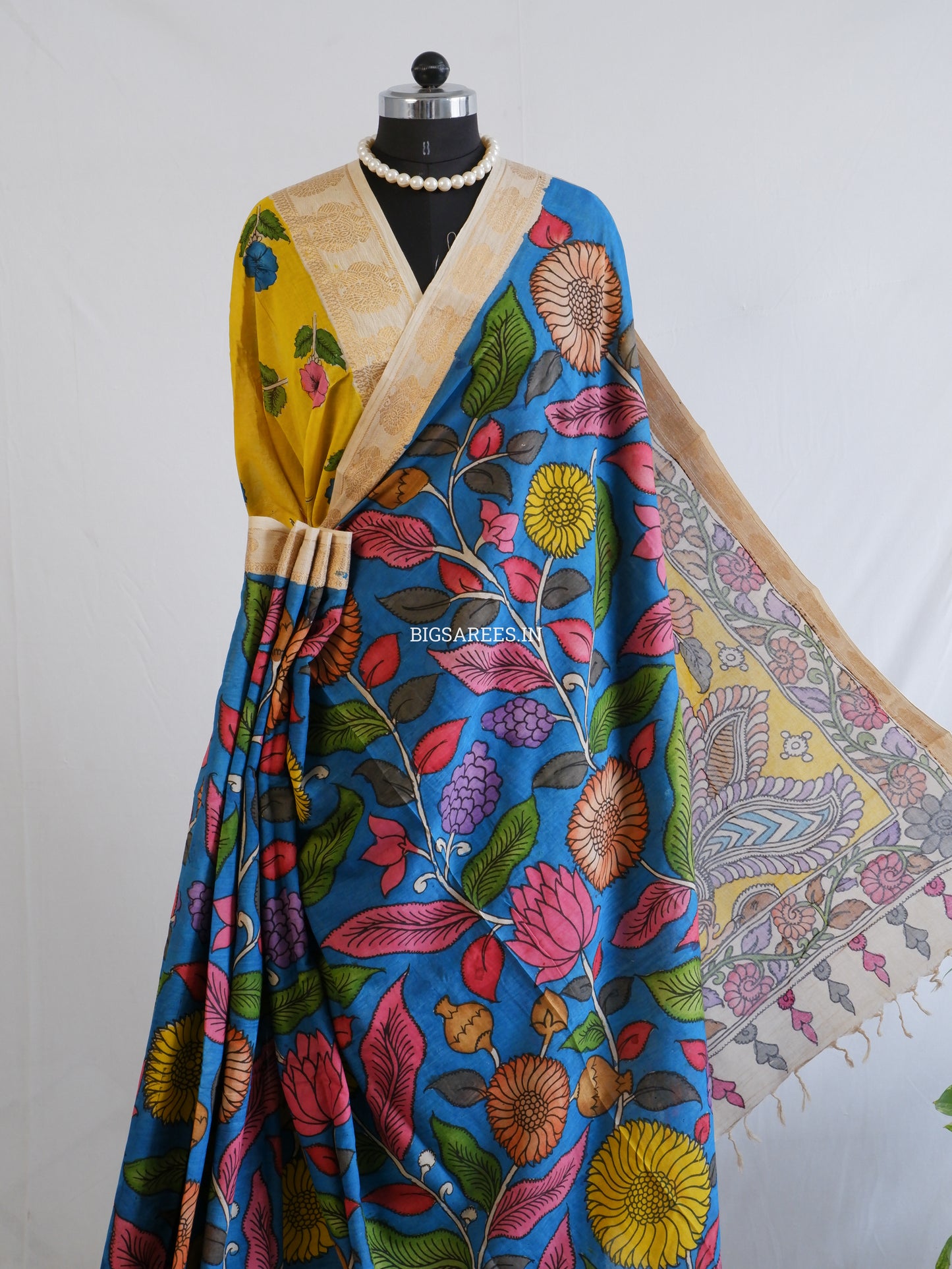 Pen Kalamkari Cotton Saree with Running Blouse | Hand-Painted | Blue