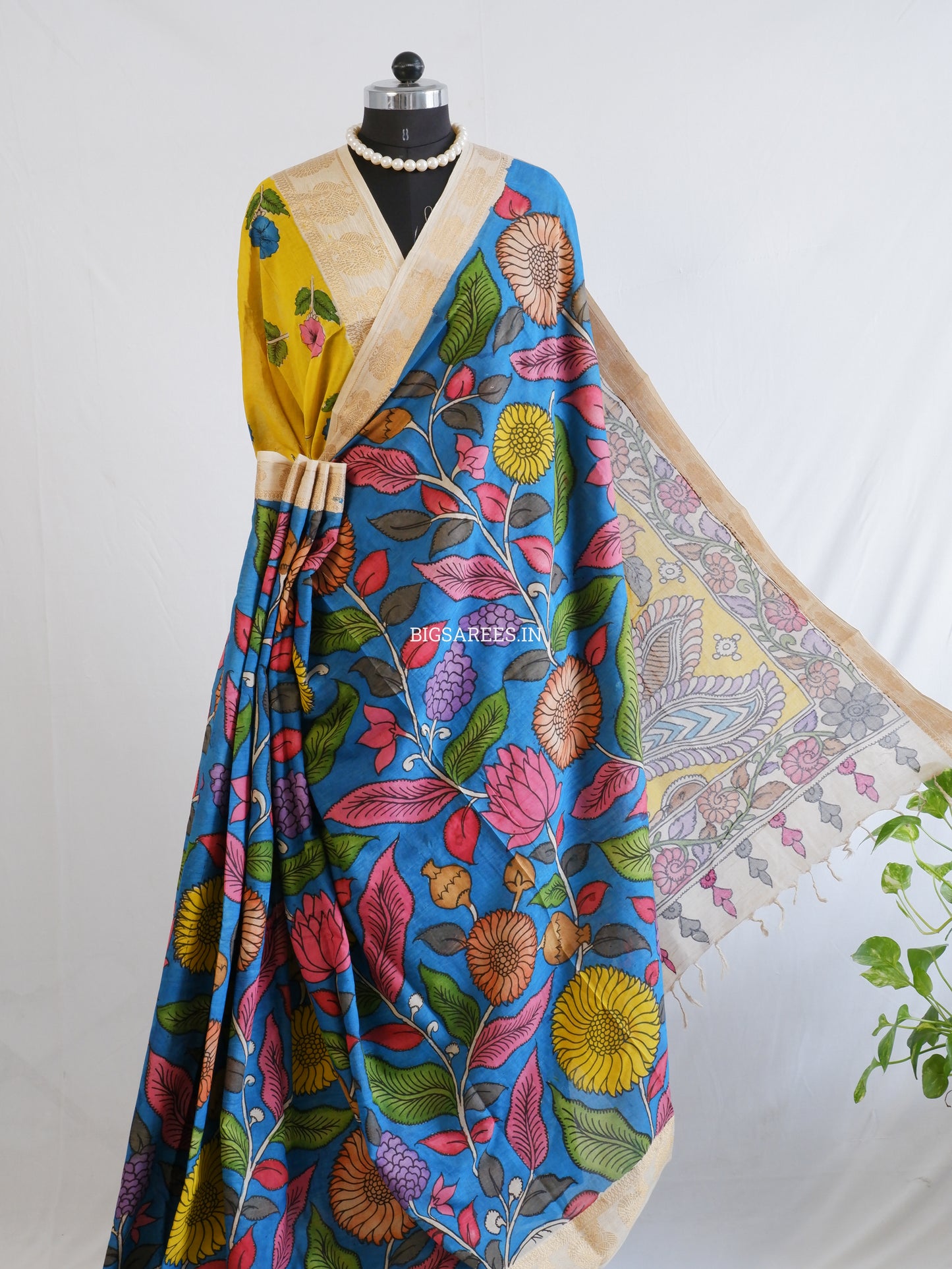 Pen Kalamkari Cotton Saree with Running Blouse | Hand-Painted | Blue