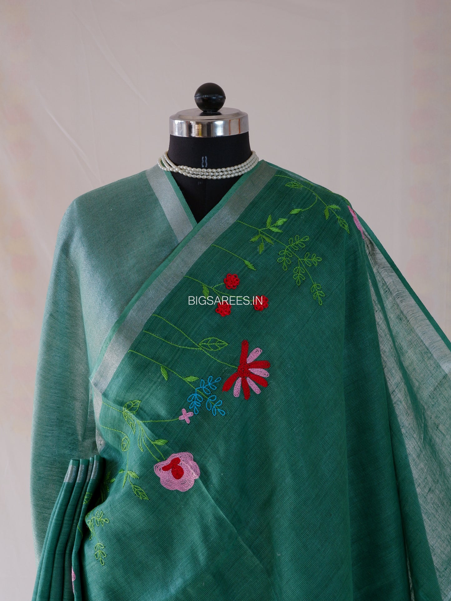 Hand-Embroidered Linen Saree | Linen by Linen | Forest Green