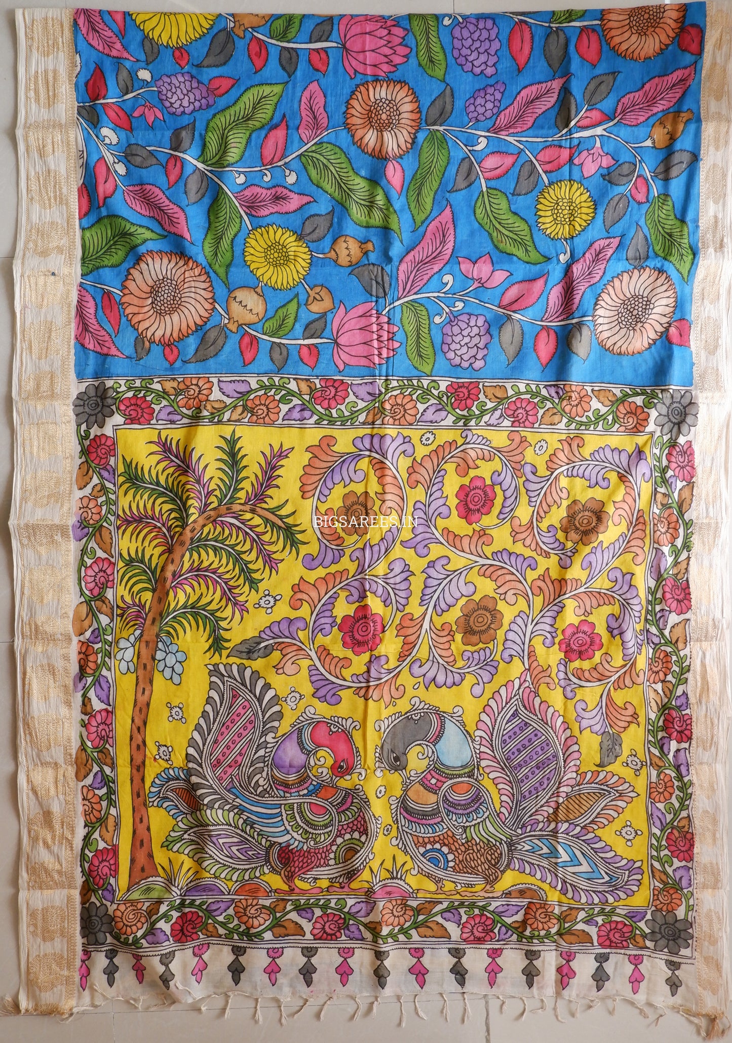 Pen Kalamkari Cotton Saree with Running Blouse | Hand-Painted | Blue