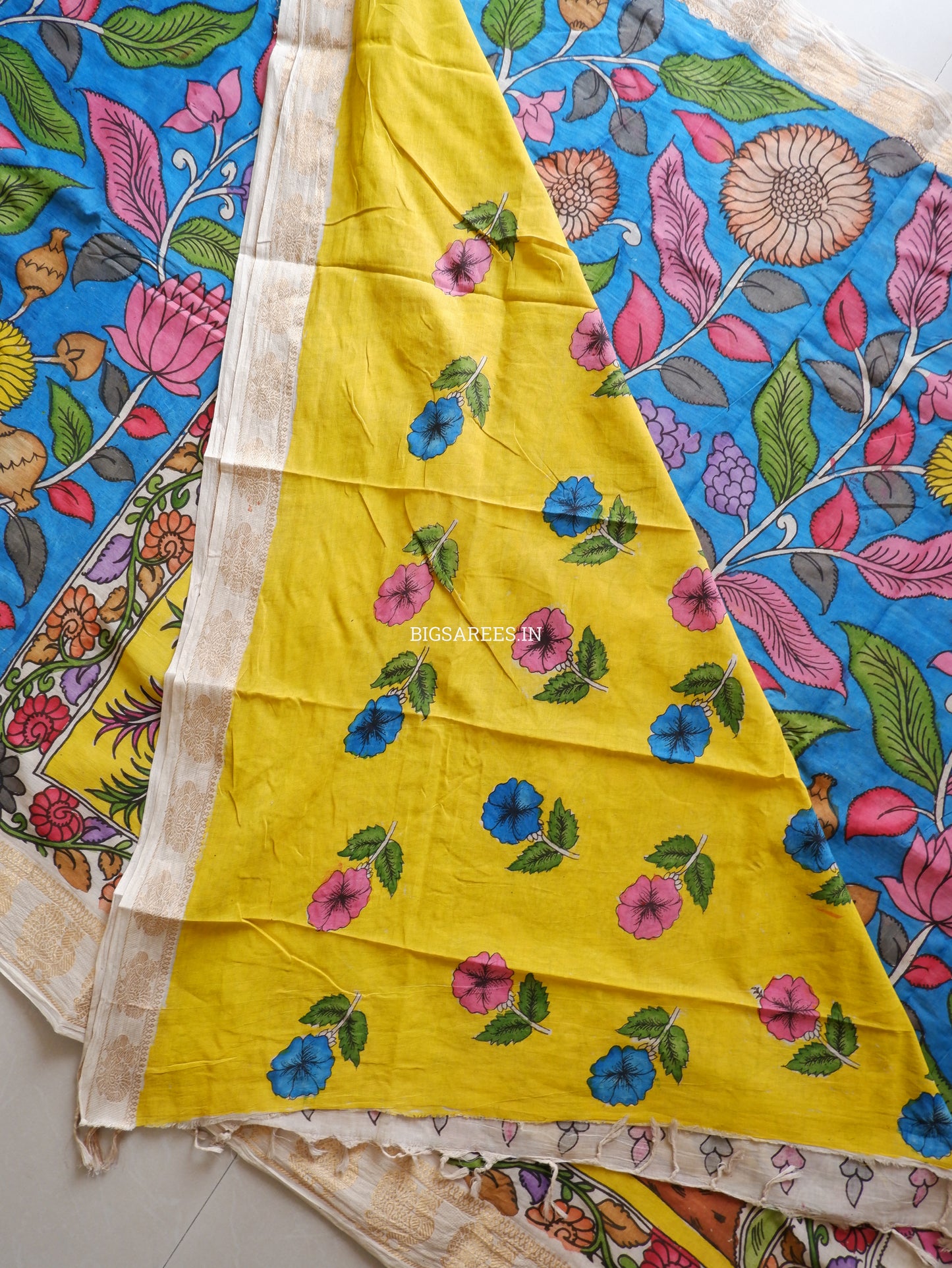 Pen Kalamkari Cotton Saree with Running Blouse | Hand-Painted | Blue