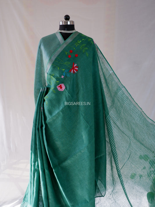 Hand-Embroidered Linen Saree | Linen by Linen | Forest Green
