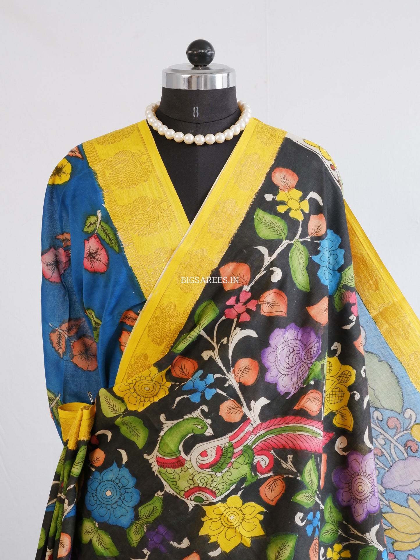 Pen Kalamkari Cotton Saree with Running Blouse | Hand-Painted | Black
