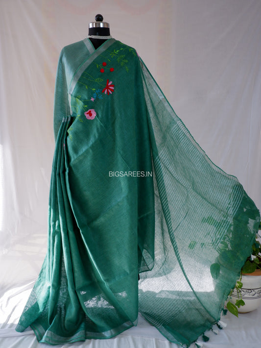 Hand-Embroidered Linen Saree | Linen by Linen | Forest Green