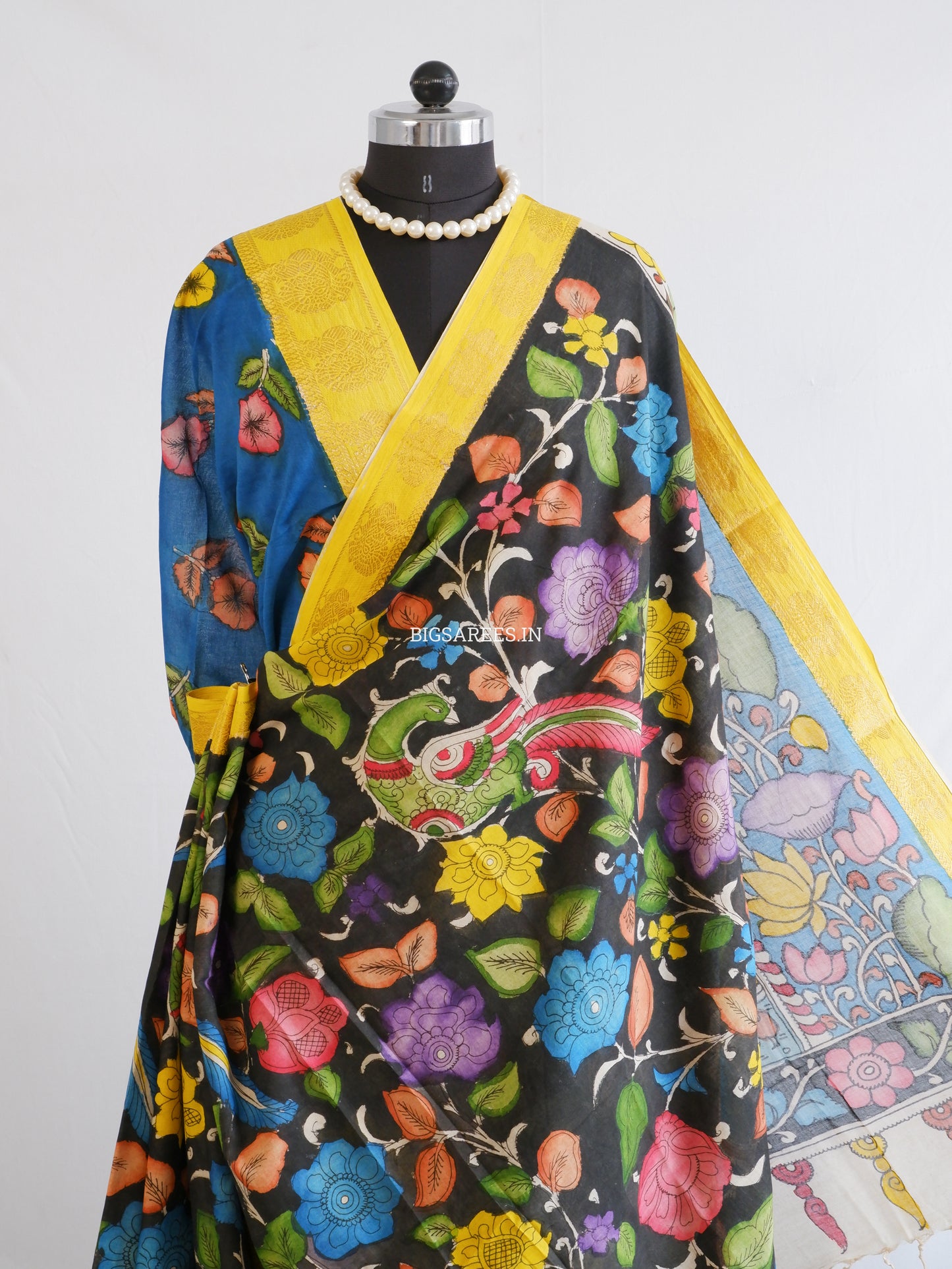Pen Kalamkari Cotton Saree with Running Blouse | Hand-Painted | Black