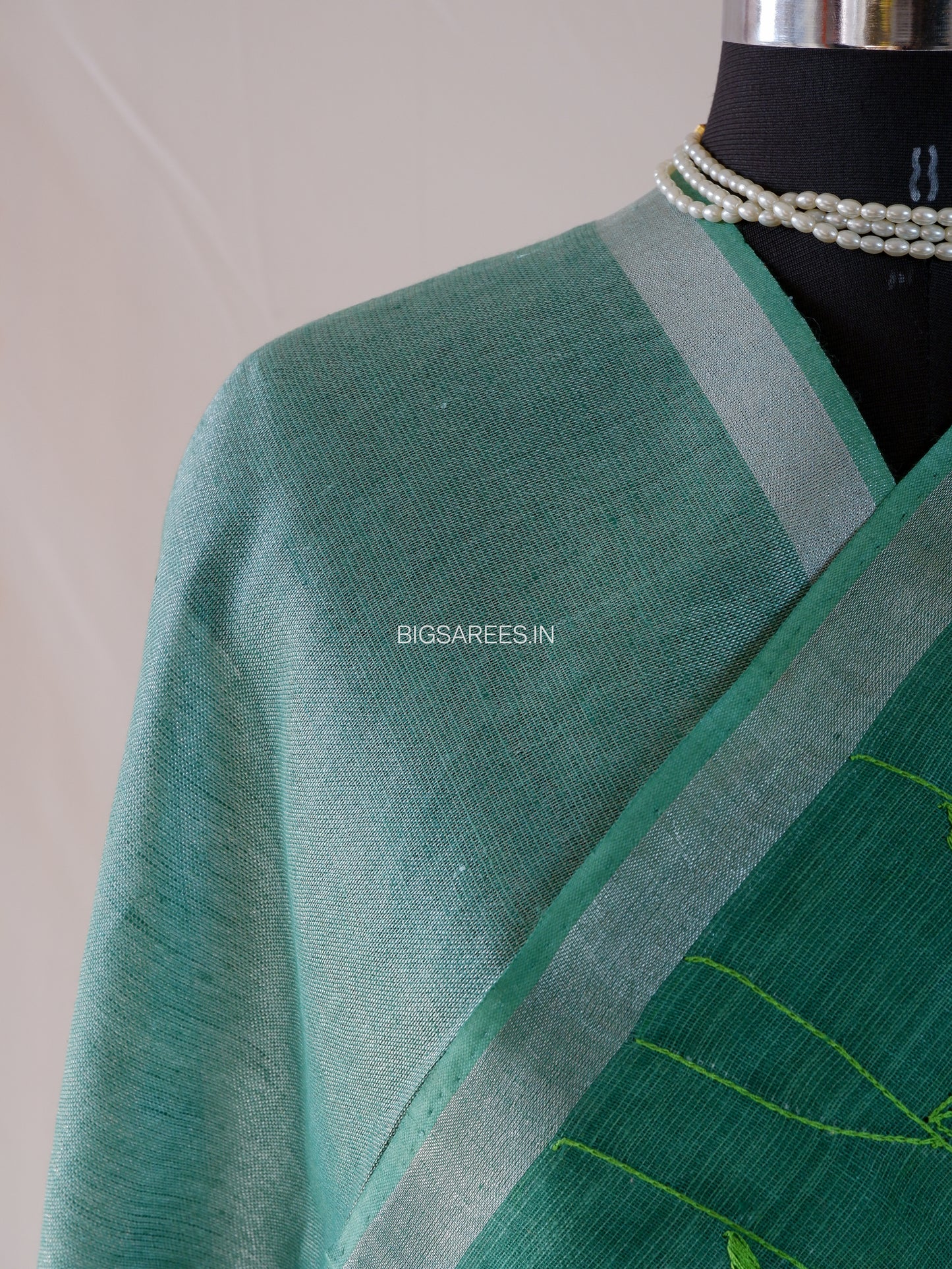 Hand-Embroidered Linen Saree | Linen by Linen | Forest Green