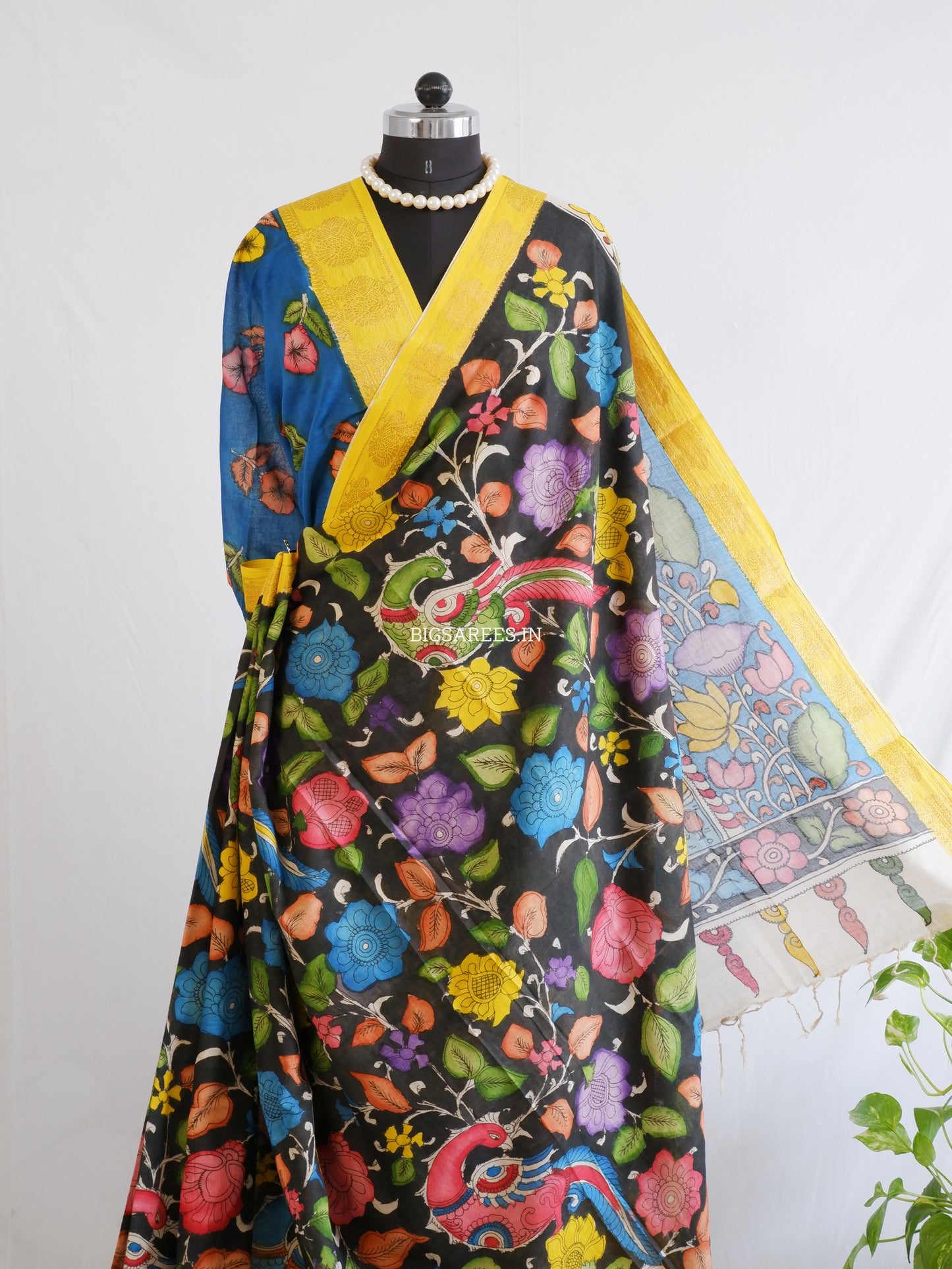 Pen Kalamkari Cotton Saree with Running Blouse | Hand-Painted | Black