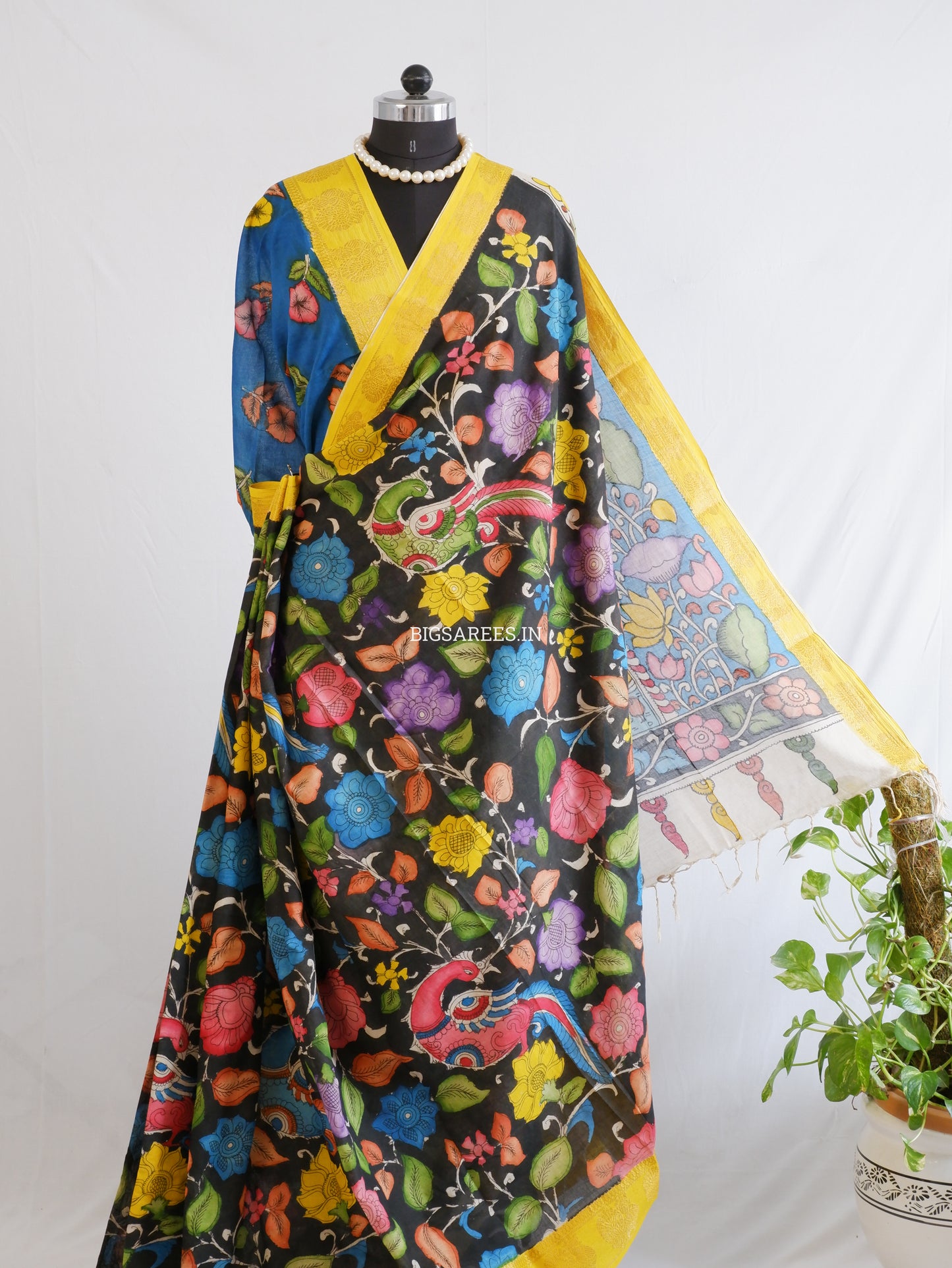 Pen Kalamkari Cotton Saree with Running Blouse | Hand-Painted | Black
