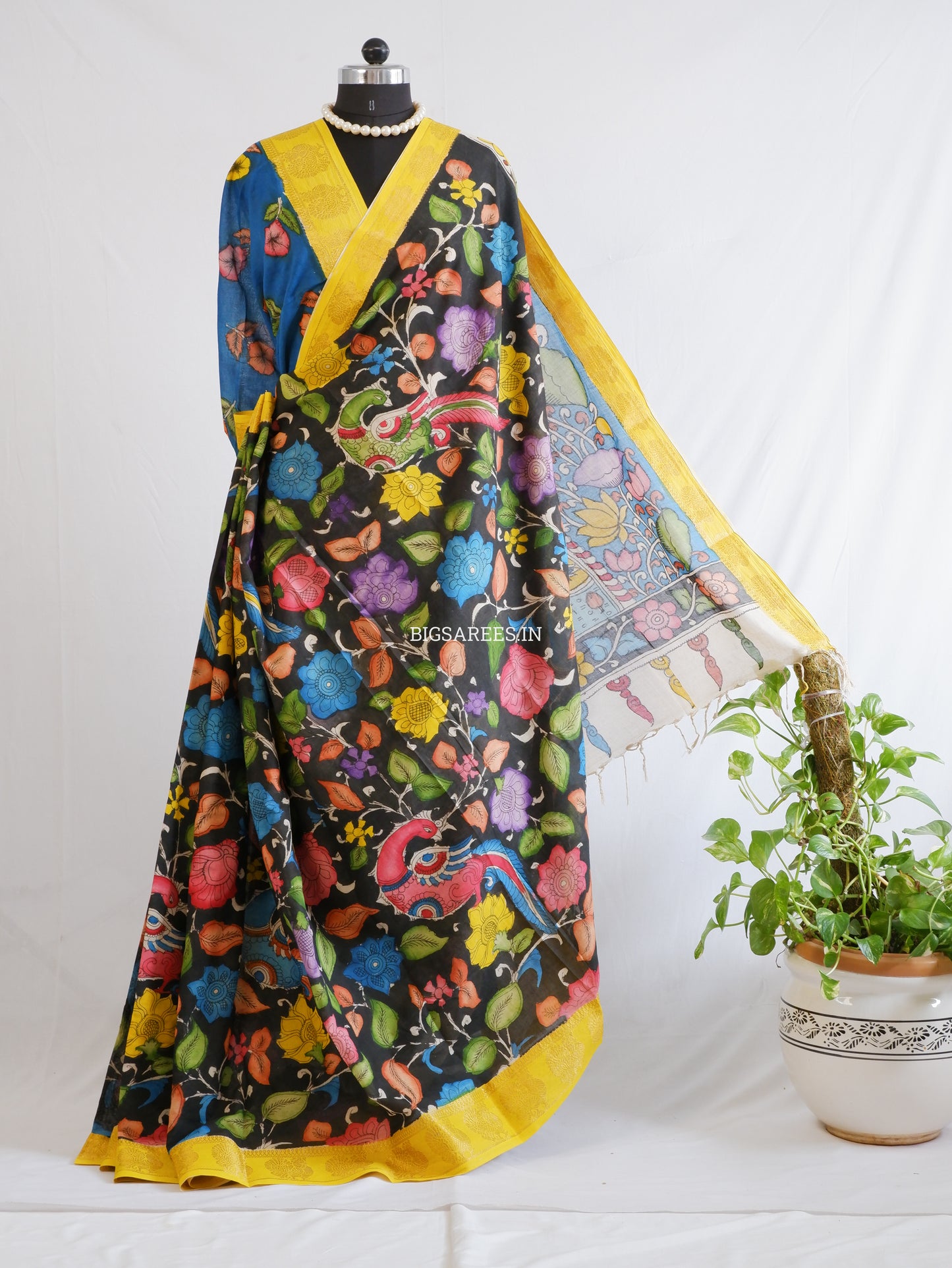 Pen Kalamkari Cotton Saree with Running Blouse | Hand-Painted | Black
