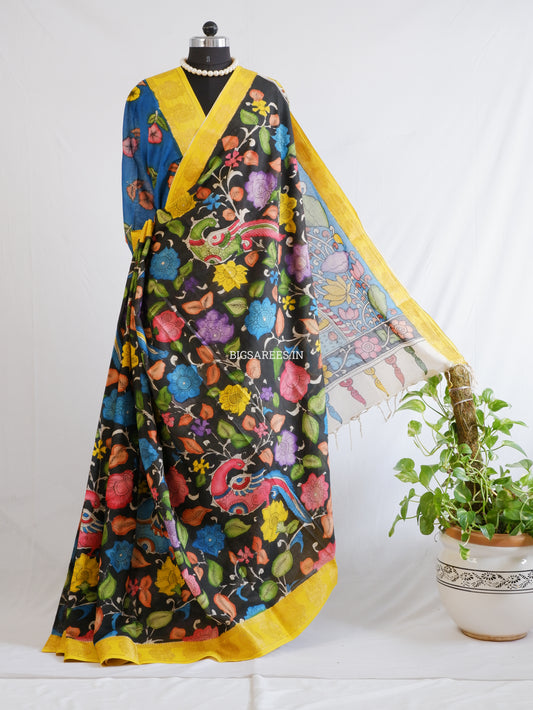 Pen Kalamkari Cotton Saree with Running Blouse | Hand-Painted | Black