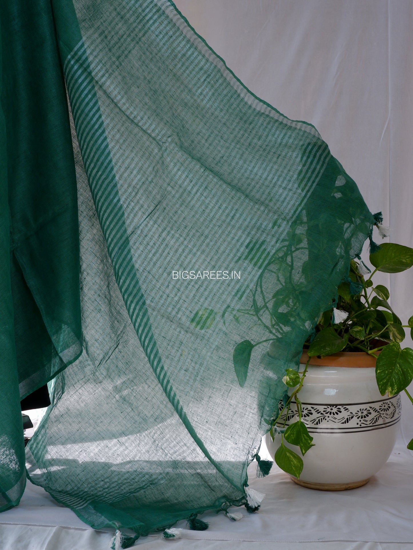 Hand-Embroidered Linen Saree | Linen by Linen | Forest Green