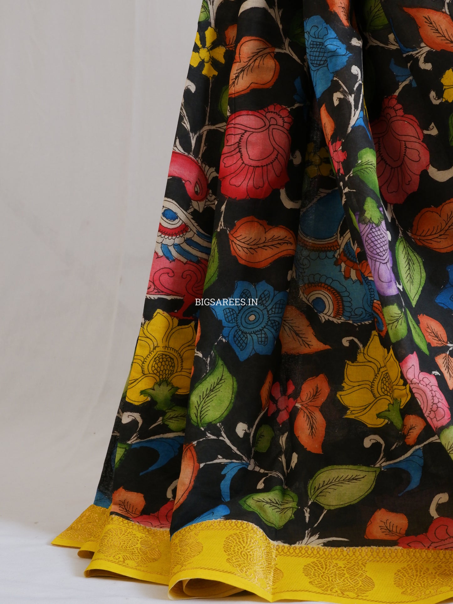 Pen Kalamkari Cotton Saree with Running Blouse | Hand-Painted | Black