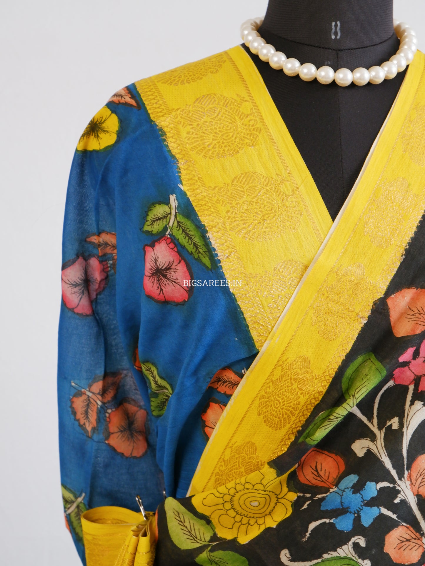 Pen Kalamkari Cotton Saree with Running Blouse | Hand-Painted | Black