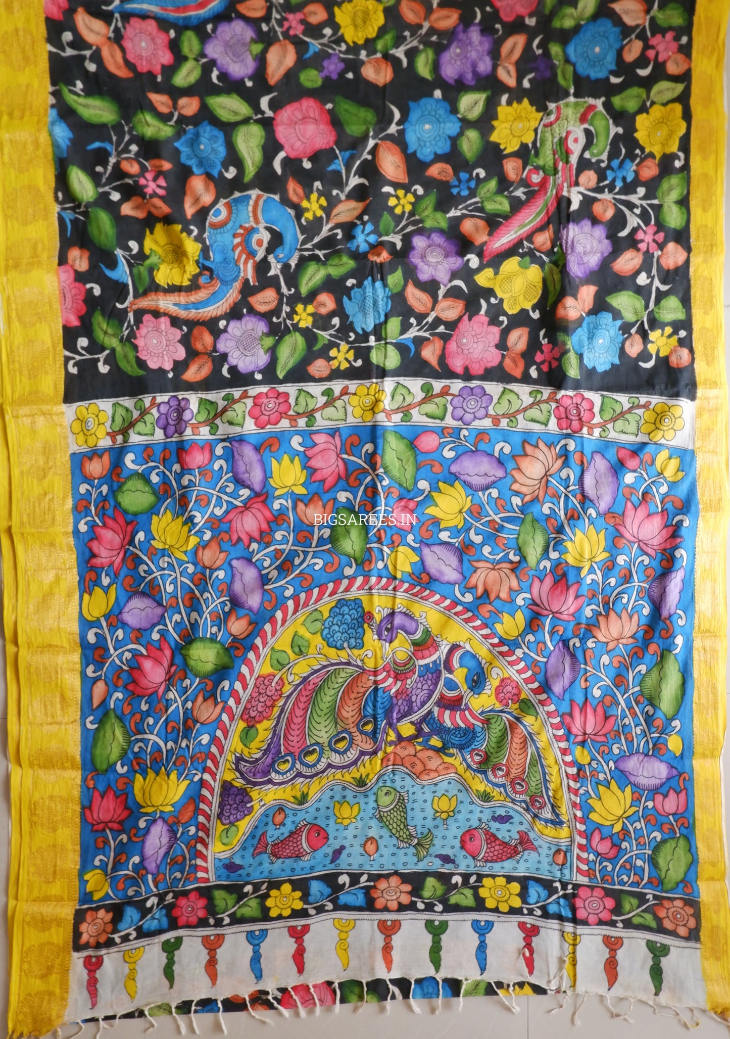 Pen Kalamkari Cotton Saree with Running Blouse | Hand-Painted | Black