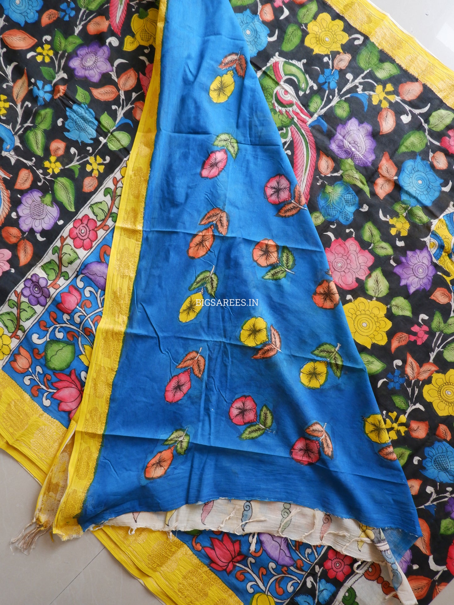 Pen Kalamkari Cotton Saree with Running Blouse | Hand-Painted | Black