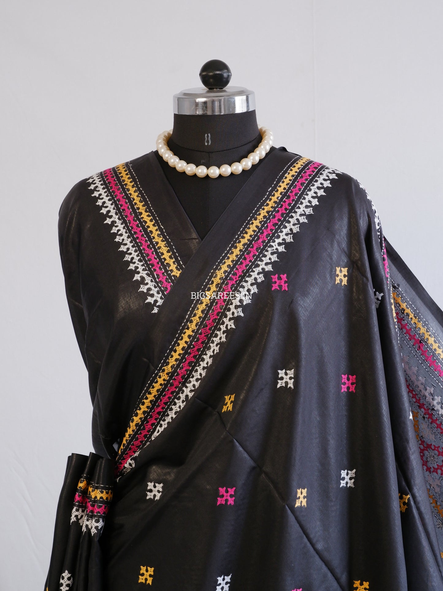 Kutchi/Gujarati Hand Embroidered Saree  | Blended Bangalore Silk / Art Silk | Black