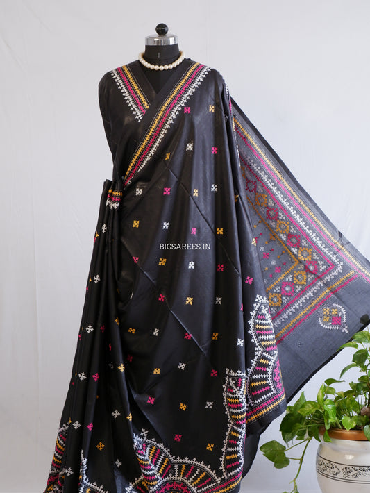 Kutchi/Gujarati Hand Embroidered Saree  | Blended Bangalore Silk / Art Silk | Black