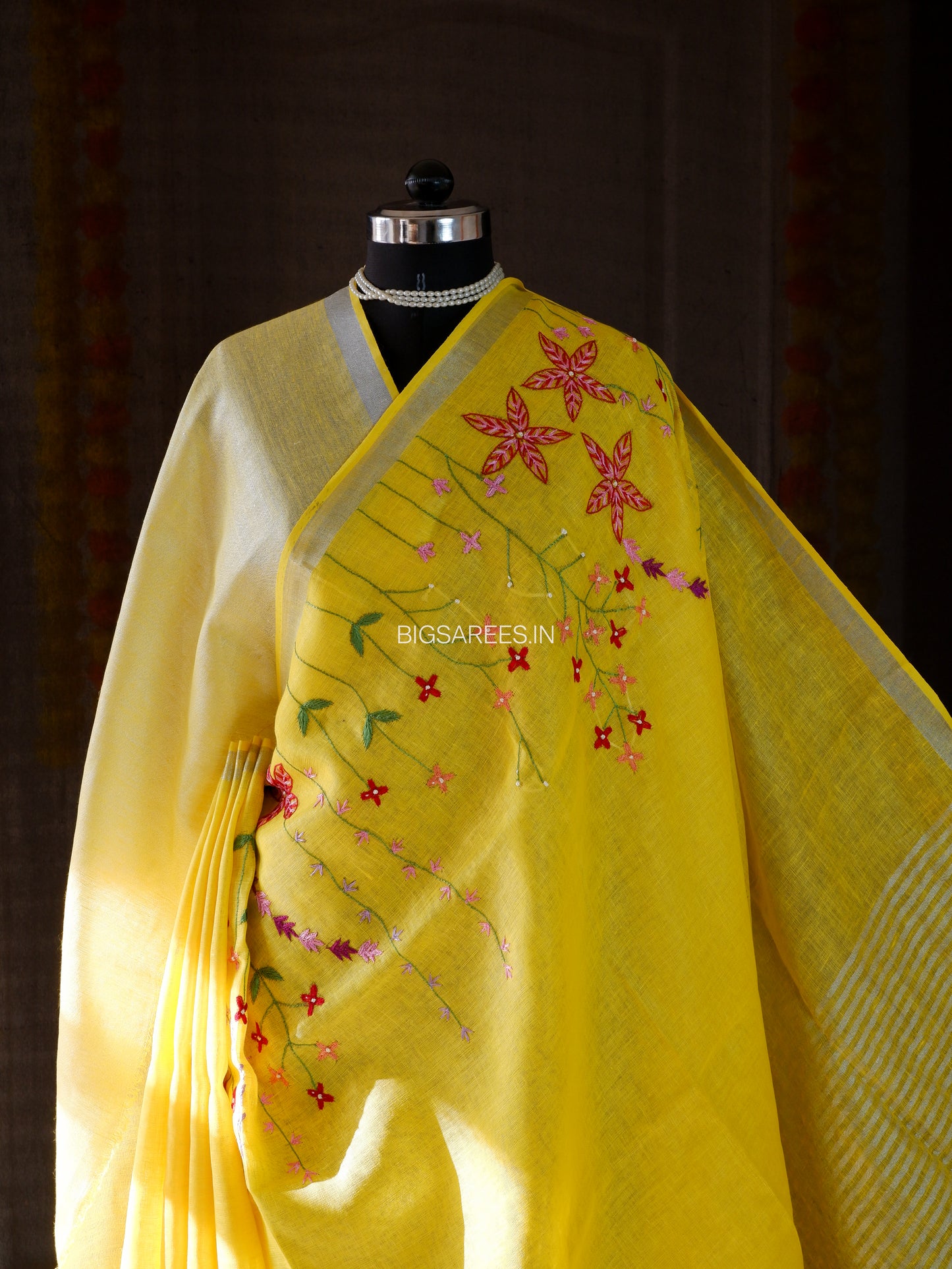Hand-Embroidered Linen Saree | Linen by Linen | Yellow