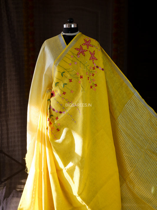 Hand-Embroidered Linen Saree | Linen by Linen | Yellow