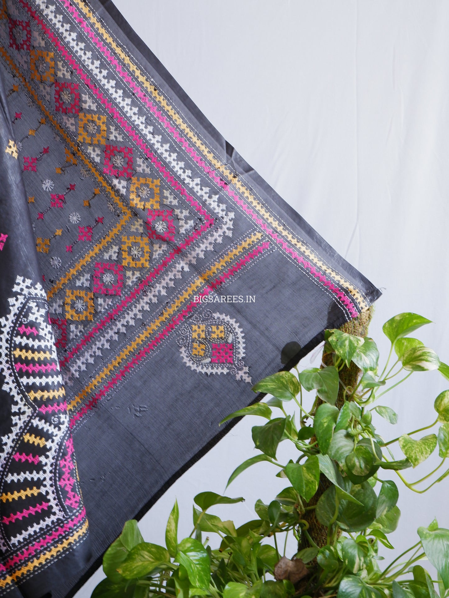 Kutchi/Gujarati Hand Embroidered Saree  | Blended Bangalore Silk / Art Silk | Black