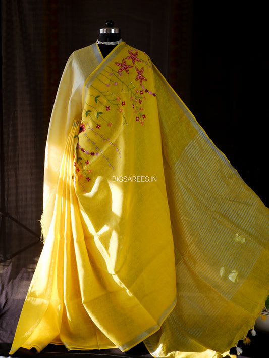Hand-Embroidered Linen Saree | Linen by Linen | Yellow