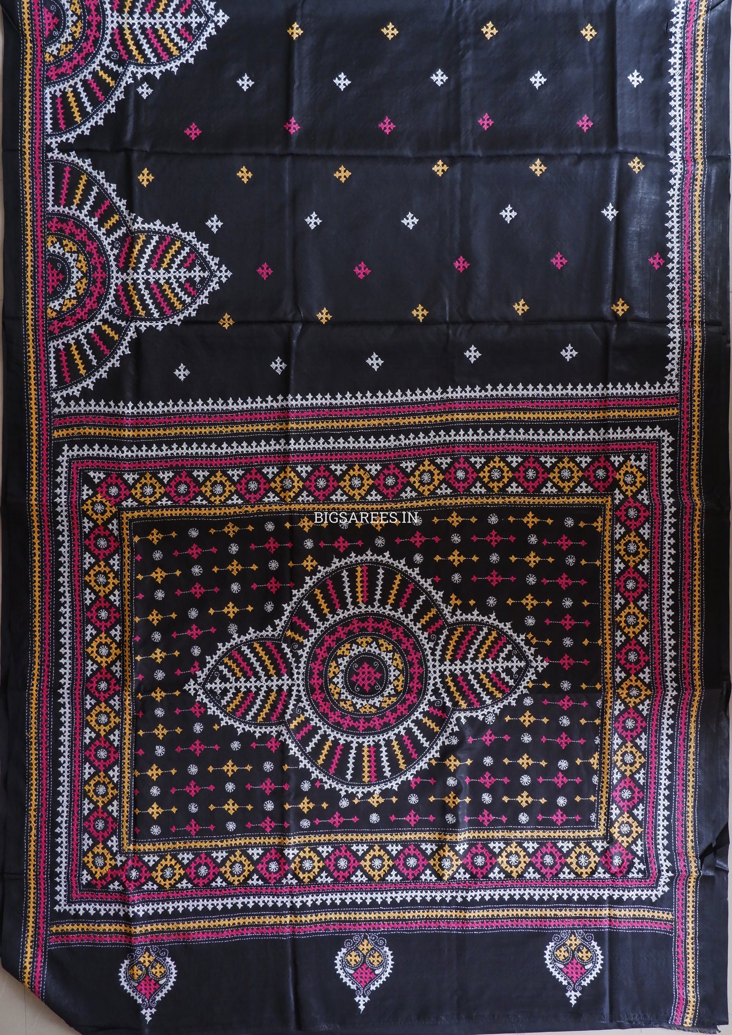 Kutchi/Gujarati Hand Embroidered Saree  | Blended Bangalore Silk / Art Silk | Black