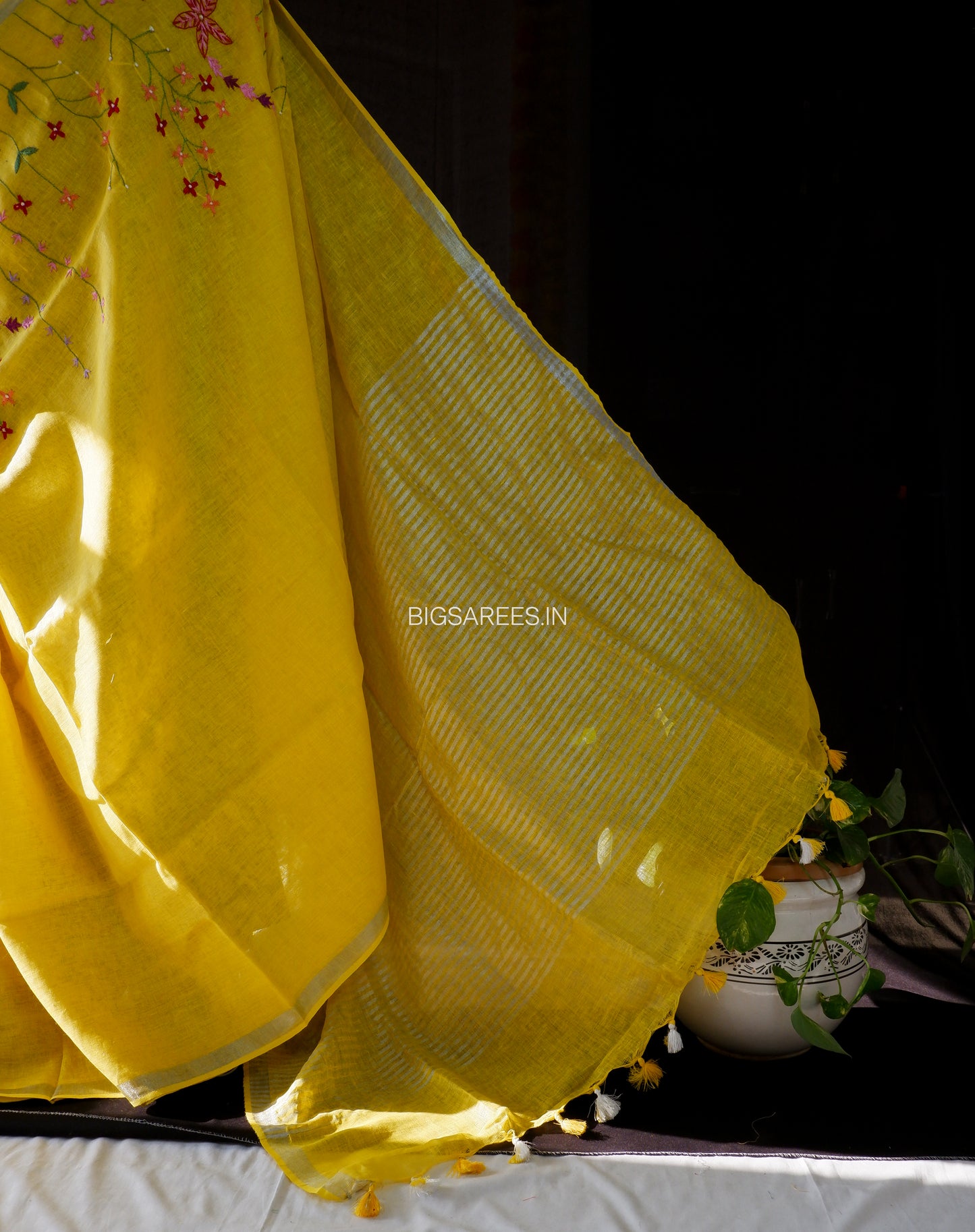 Hand-Embroidered Linen Saree | Linen by Linen | Yellow