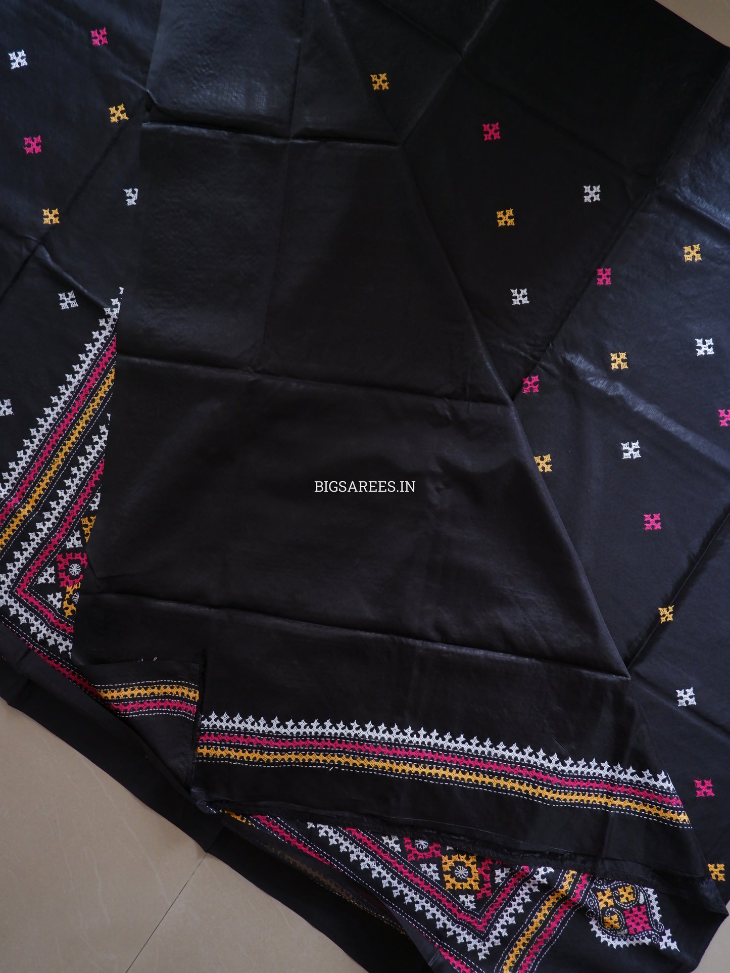 Kutchi/Gujarati Hand Embroidered Saree  | Blended Bangalore Silk / Art Silk | Black