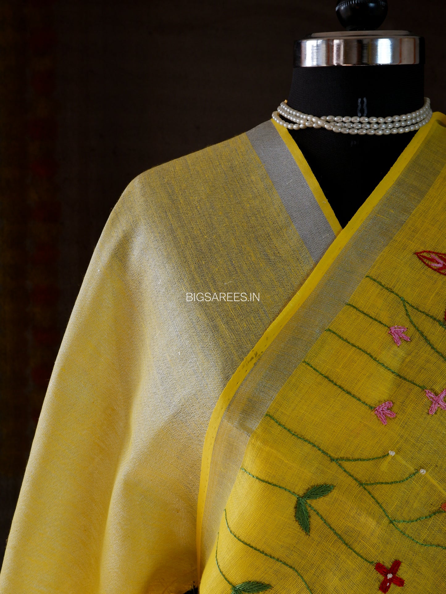 Hand-Embroidered Linen Saree | Linen by Linen | Yellow