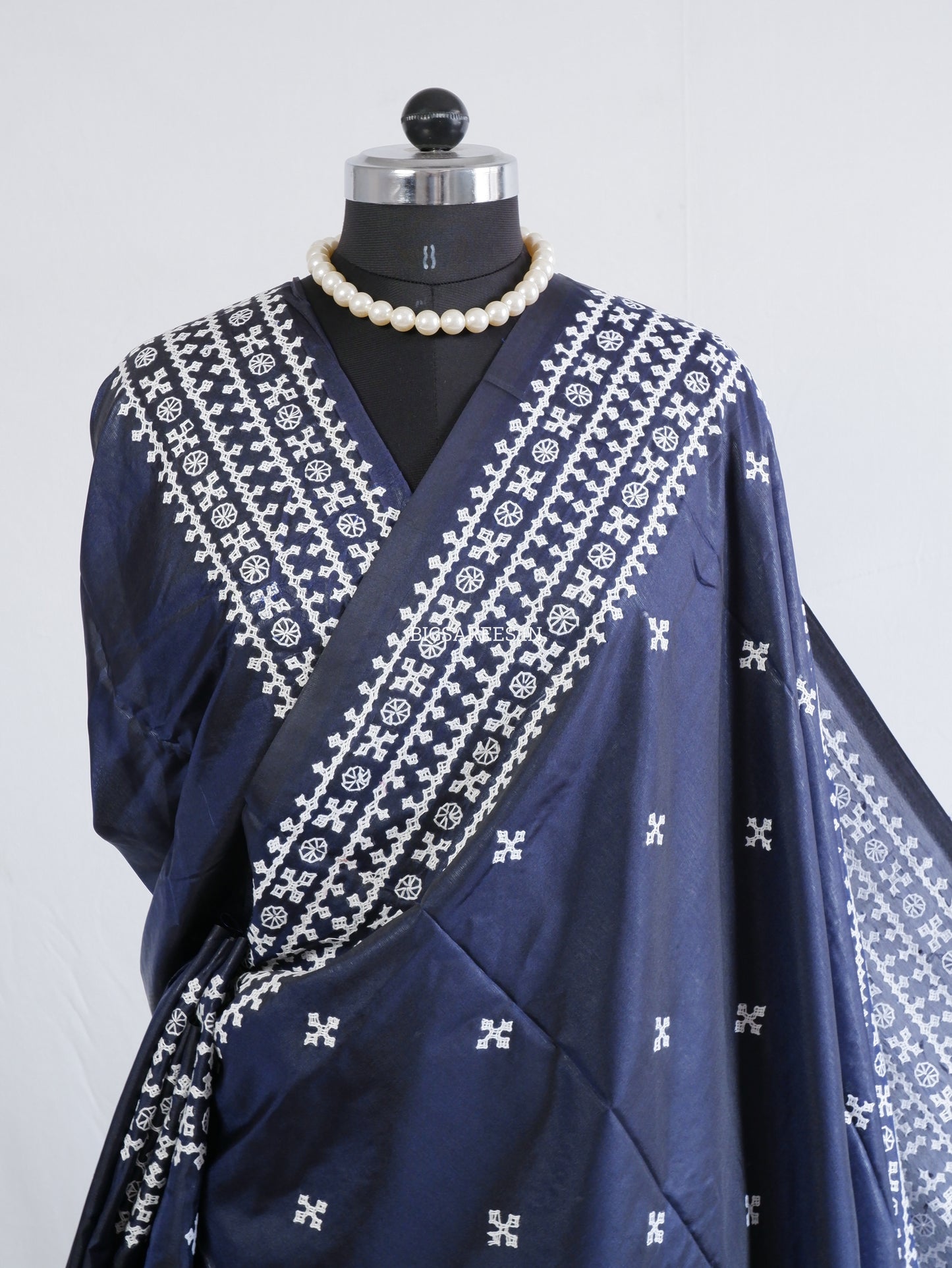 Kutchi/Gujarati Hand Embroidered Saree  | Blended Bangalore Silk / Art Silk | Blue