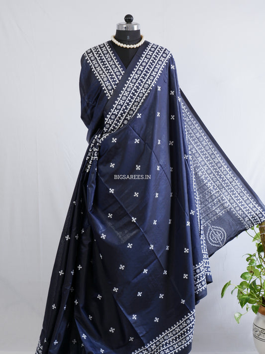 Kutchi/Gujarati Hand Embroidered Saree  | Blended Bangalore Silk / Art Silk | Blue