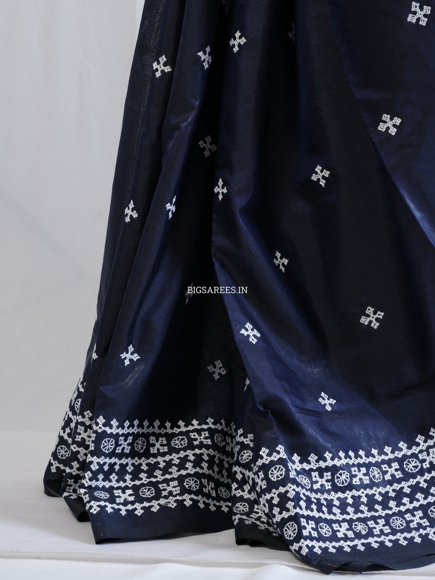 Kutchi/Gujarati Hand Embroidered Saree  | Blended Bangalore Silk / Art Silk | Blue