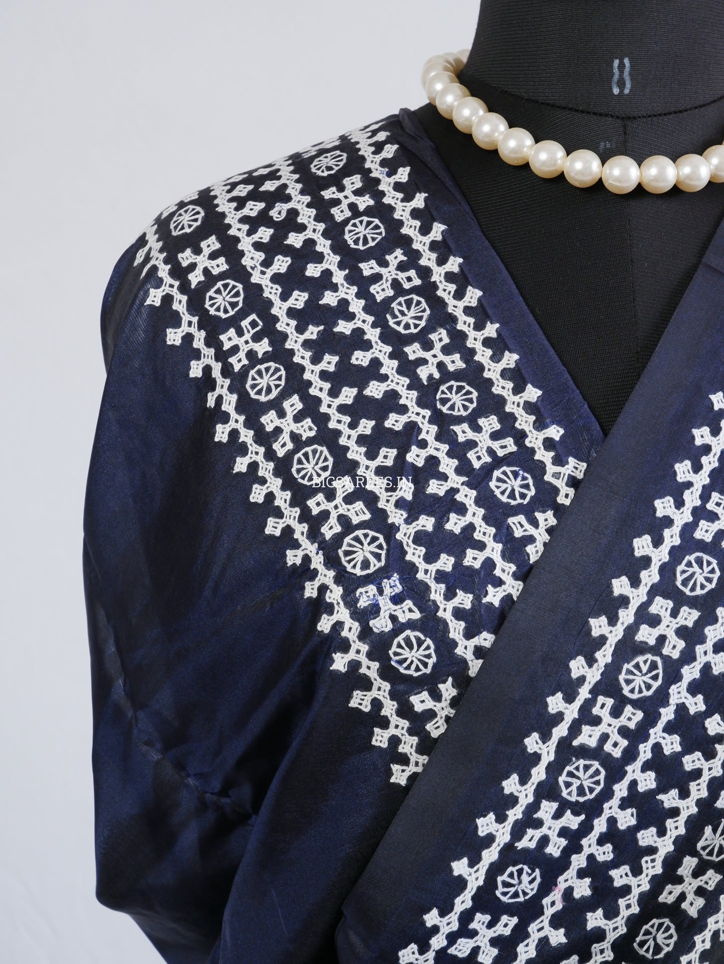 Kutchi/Gujarati Hand Embroidered Saree  | Blended Bangalore Silk / Art Silk | Blue