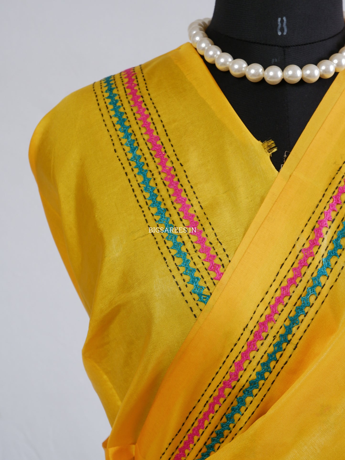 Kutchi/Gujarati Hand Embroidered Saree  | Blended Bangalore Silk / Art Silk | Yellow