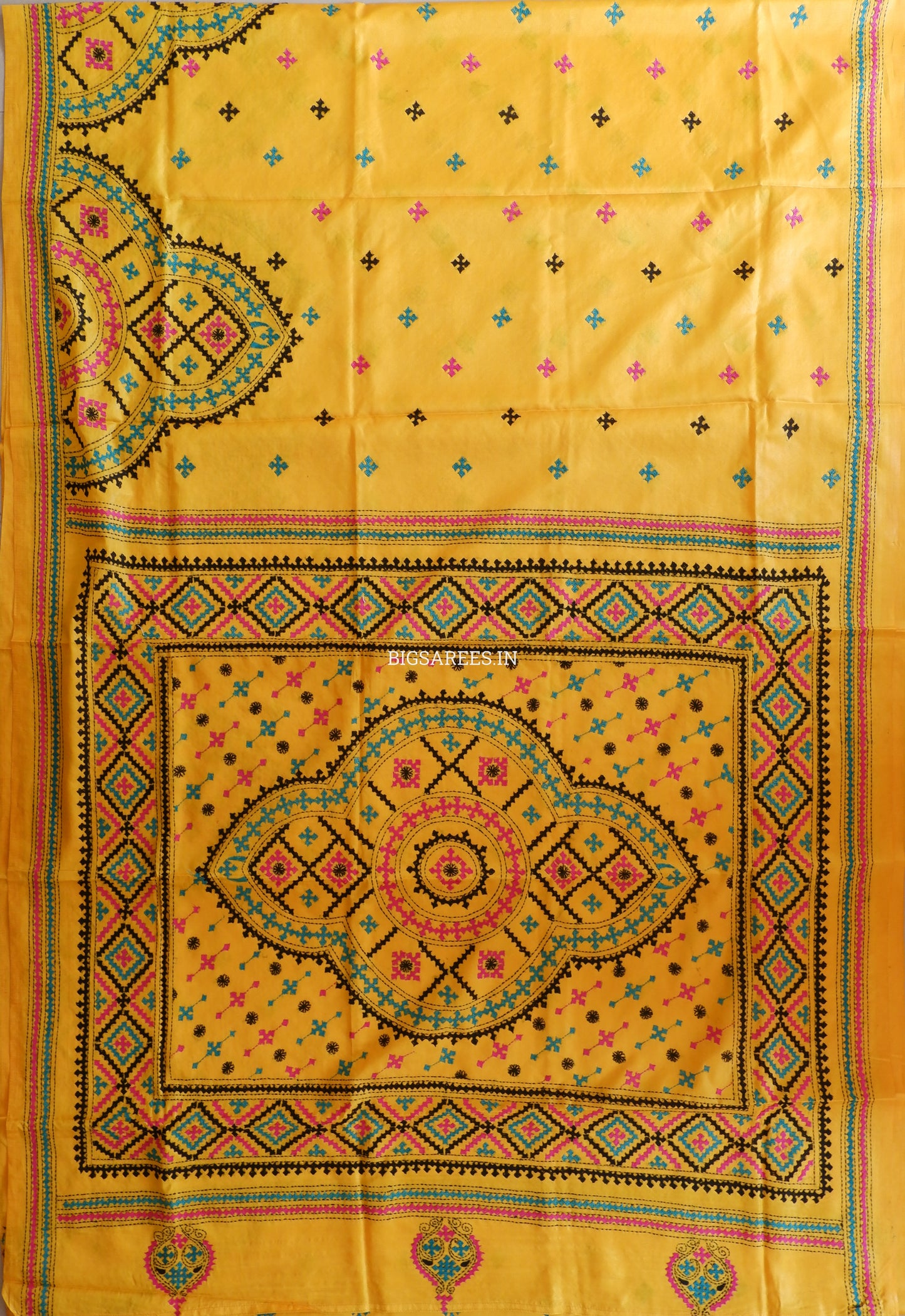 Kutchi/Gujarati Hand Embroidered Saree  | Blended Bangalore Silk / Art Silk | Yellow