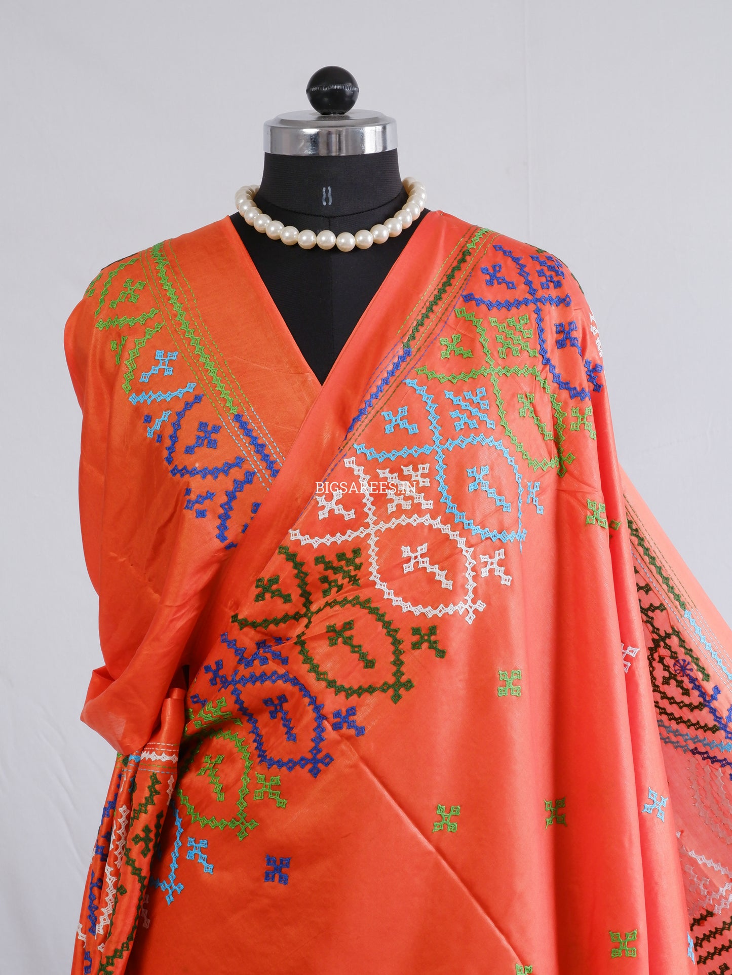 Kutchi/Gujarati Hand Embroidered Saree  | Blended Bangalore Silk / Art Silk | Orange