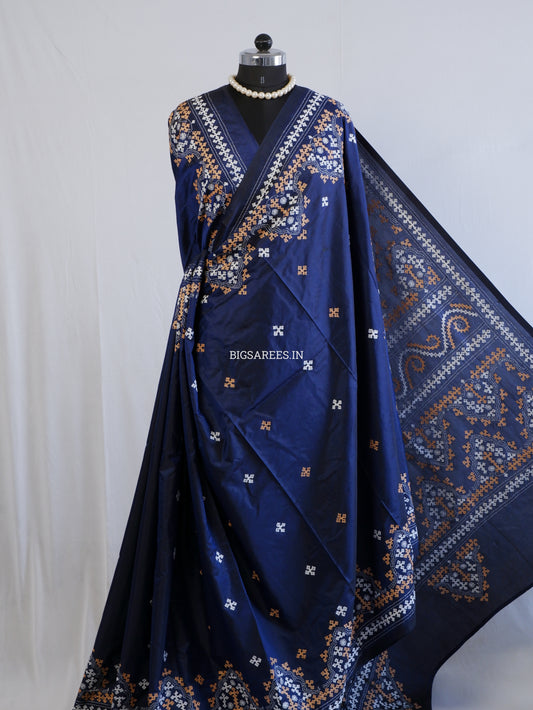 Kutchi/Gujarati Hand Embroidered Saree  | Blended Bangalore Silk / Art Silk | Dark blue