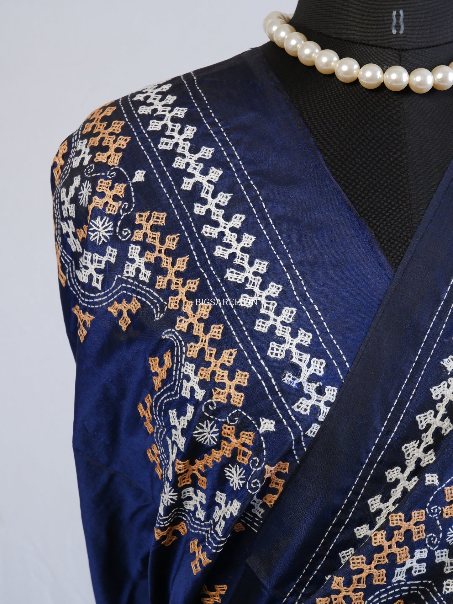 Kutchi/Gujarati Hand Embroidered Saree  | Blended Bangalore Silk / Art Silk | Dark blue