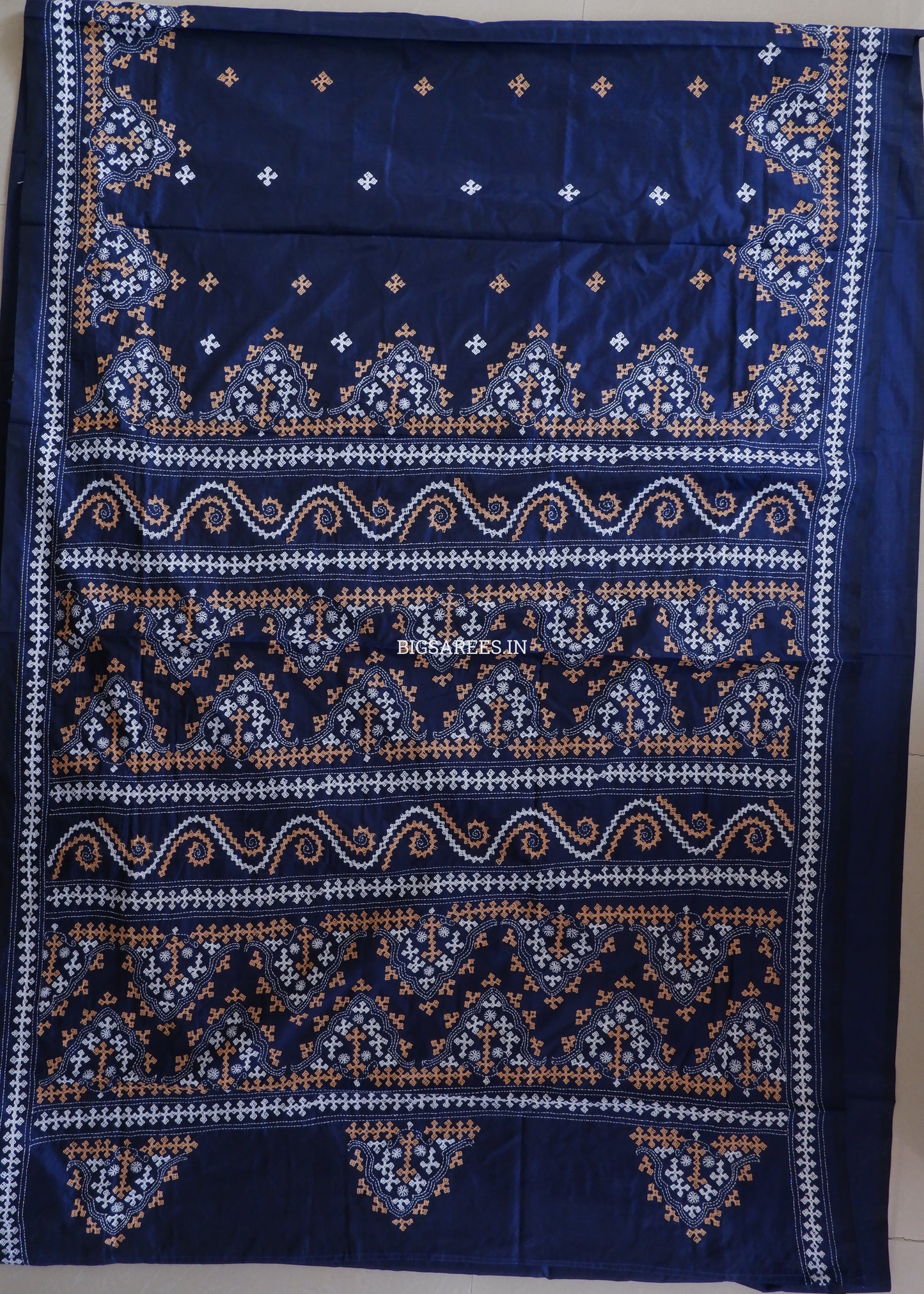 Kutchi/Gujarati Hand Embroidered Saree  | Blended Bangalore Silk / Art Silk | Dark blue