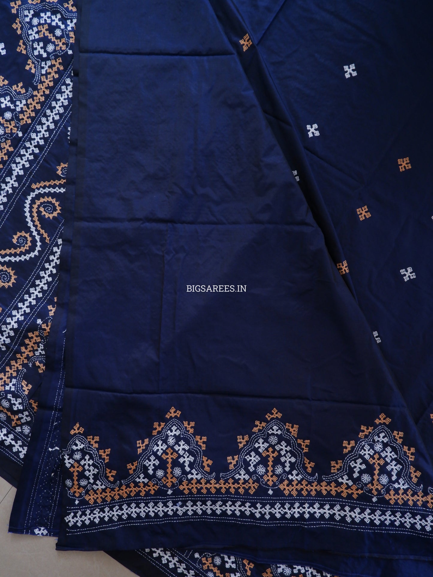 Kutchi/Gujarati Hand Embroidered Saree  | Blended Bangalore Silk / Art Silk | Dark blue
