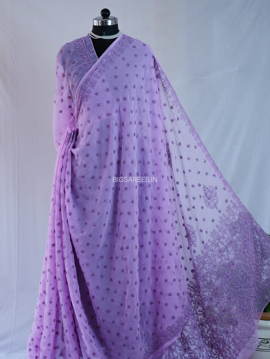Chikankari Hand Embroidered Saree | Semi Georgette | Lavender