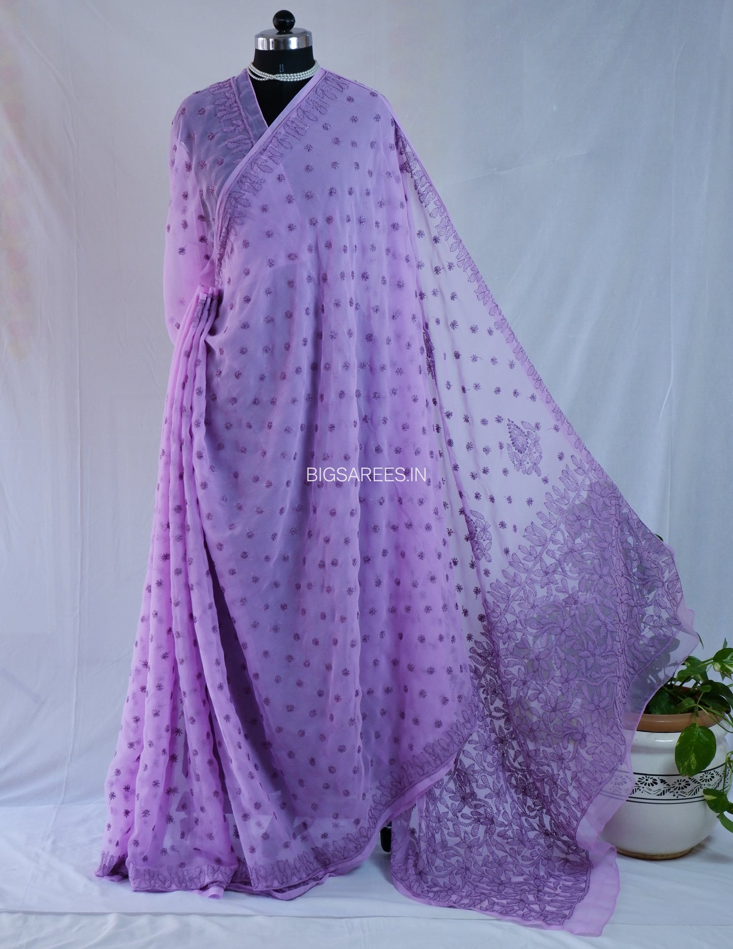 Chikankari Hand Embroidered Saree | Semi Georgette | Lavender