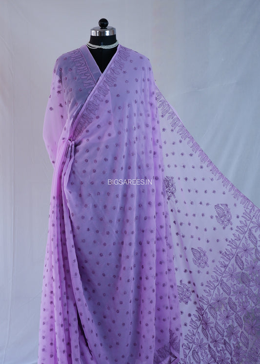 Chikankari Hand Embroidered Saree | Semi Georgette | Lavender