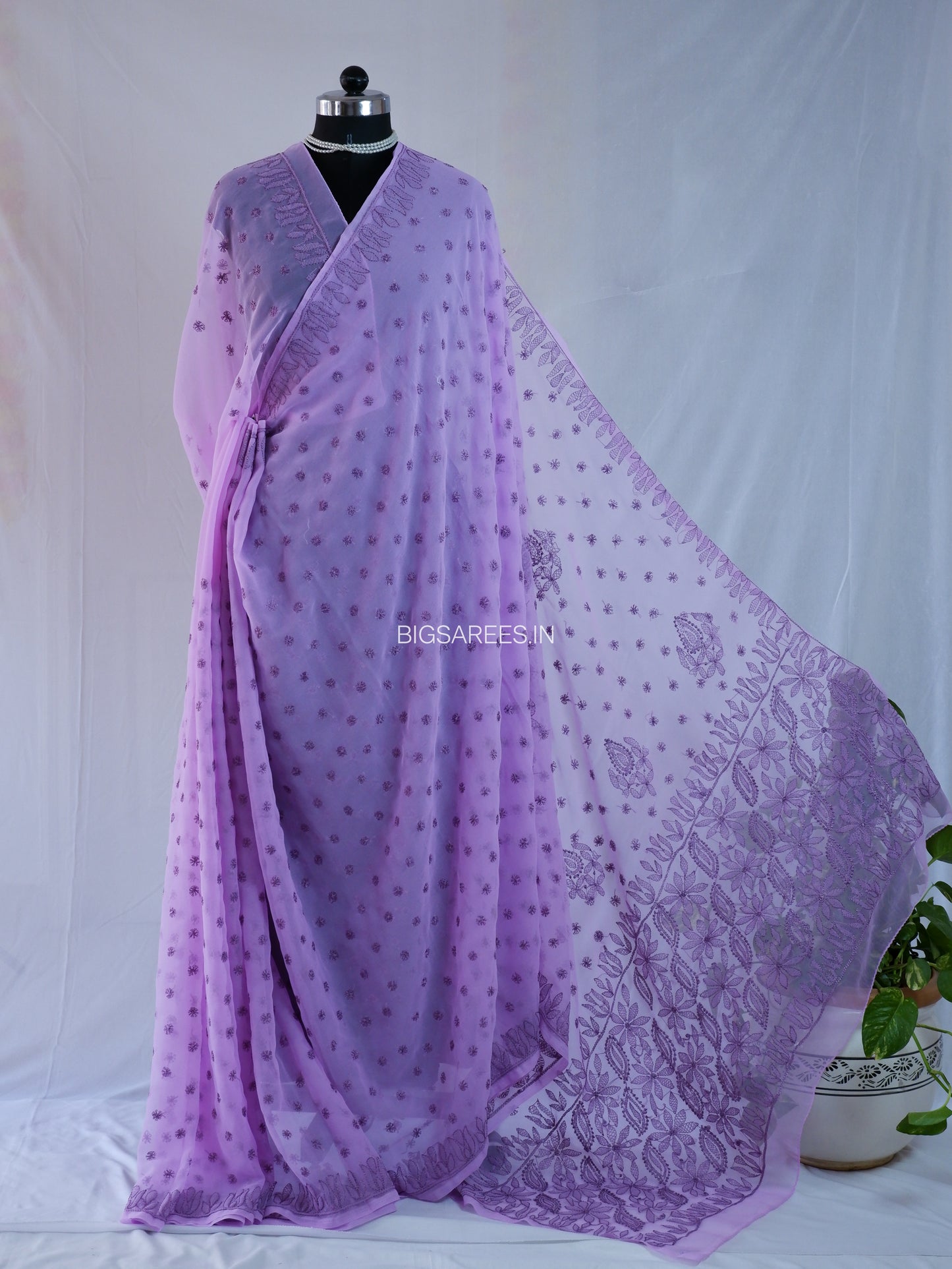 Chikankari Hand Embroidered Saree | Semi Georgette | Lavender