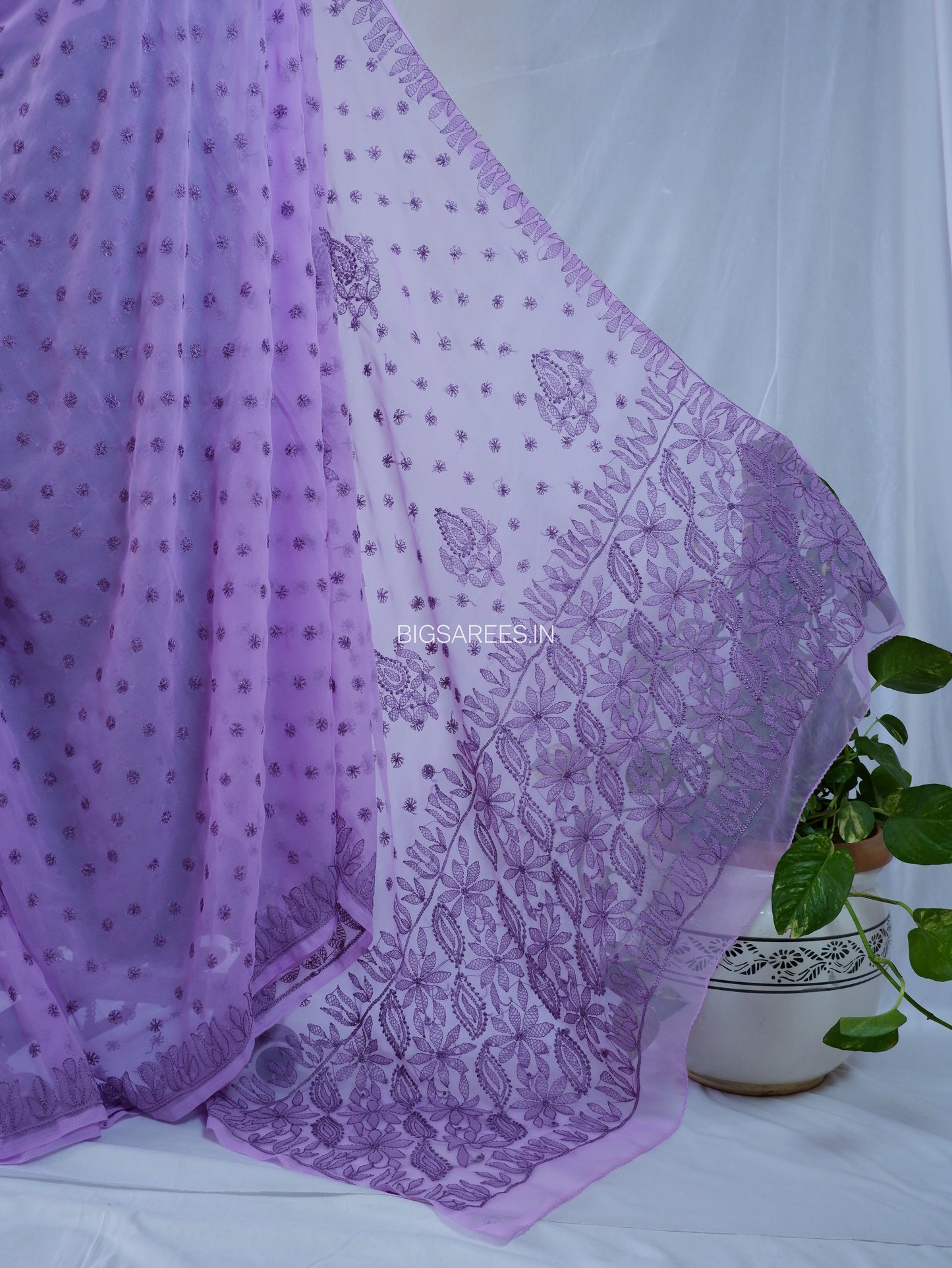 Chikankari Hand Embroidered Saree | Semi Georgette | Lavender